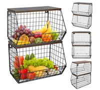 OHMG Corbeille a Fruit, Panier a Fruit de Mural, Empilable et Montable au Mur avec Couvercle en Bois und Crochets pour Fruit Basket, Corbeille en Métal pour Ranger Les Fruits et Les Légumes