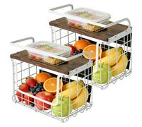 OHMG Corbeille a Fruit, Panier a Fruit de Mural, Empilable et Montable au Mur avec Couvercle en Bois und Crochets pour Fruit Basket, Corbeille en Métal pour Ranger Les Fruits et Les Légumes