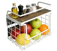 OHMG Corbeille a Fruit, Panier a Fruit de Mural, Empilable et Montable au Mur avec Couvercle en Bois und Crochets pour Fruit Basket, Corbeille en Métal pour Ranger Les Fruits et Les Légumes