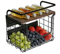 OHMG Corbeille a Fruit, Panier a Fruit de Mural, Empilable et Montable au Mur avec Couvercle en Bois und Crochets pour Fruit Basket, Corbeille en Métal pour Ranger Les Fruits et Les Légumes