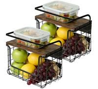 OHMG Corbeille a Fruit, Panier a Fruit de Mural, Empilable et Montable au Mur avec Couvercle en Bois und Crochets pour Fruit Basket, Corbeille en Métal pour Ranger Les Fruits et Les Légumes