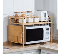 OHMG Étagère micro-onde, comptoir de cuisine à 3 niveaux avec 4 crochets, étagère en bambou pour four, idéal pour accrocher multifonctionnel organisateur étagère de cuisine (52 x 30 x 35 cm)