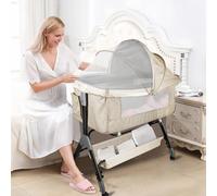 OHMG Lit Bébé Cododo,Berceau Cododo,avec Matelas et Moustiquaire,Lit d'Appoint pour Les Bébés,Berceau bébé Mobile avec Matelas,Mode Bascule pour Bercer Bébé (Blanc de Riz（104 * 52 * 100-110cm）)