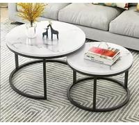 OHMG Lot de 2 Table Basse Aspect marbre,Table d'appoint pour Salon,Diamètre 70+50 cm,Grande Tables gigognes Ronde,Aspect marbre et Structure en Acier doré (Noir+blanc-70 * 70 * 45cm)