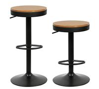 OHMG Lot de 2 Tabouret Bar Bois Rond,Chaises Chaises Haute de Bar en Bois,Vintage Industriels,Hauteur Réglable,Pivotant 360° avec Repose-Pied,Coiffure Assise Ilot Central Cuisine (Noir-2P)