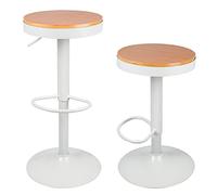 OHMG Lot de 2 Tabouret Bar Bois Rond,Chaises Chaises Haute de Bar en Bois,Vintage Industriels,Hauteur Réglable,Pivotant 360° avec Repose-Pied,Coiffure Assise Ilot Central Cuisine (Blanc-2P)