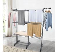 OHMG Séchoir à Linge Extensible,Etendoir Linge Interieur-Exterieur Pliable à 4 Niveaux,12 Plateaux Rétractables+2 Ailes Latérales avec Support pour Cintres + Porte-Chaussures, roulettes 360°