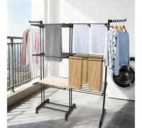 OHMG Séchoir à Linge Extensible,Etendoir Linge Interieur-Exterieur Pliable à 4 Niveaux,12 Plateaux Rétractables+2 Ailes Latérales avec Support pour Cintres + Porte-Chaussures, roulettes 360°