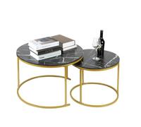 OHMG Set de 2 Tables Gigognes Rondes,Tables Basses,70/50cm,Table d'appoint Ronde,Design Moderne,Table de Salon en marbre,avec Pied en Acier (Noir+or-60 * 60 * 45&40 * 40 * 38CM)