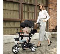 OHMG Tricycle 4 en 1 pour bébé, auvent pliable pour enfants, tricycle évolutif, tricycle avec pédales et ceintures à 3 points, vélo pour bébé, avec accessoires pratiques, 2 paniers, 9 mois