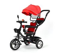 OHMG Tricycle 4 en 1, pour enfants à partir de 1 à 5 ans, avec toit pare-soleil amovible, barre de poussée, tricycle, jogger, avec fenêtre de toit, ceintures de sécurité, pédale, siège rotatif (Rouge)