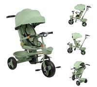 OHMG Tricycle 4 en 1,pour Enfants à partir de 1 à 5 Ans,avec Toit Pare-Soleil Amovible,Barre de poussée, Jogger,avec fenêtre de Toit,Ceintures de sécurité,pédale,siège Rotatif (A-Vert)