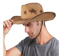 OhMill Chapeau Cowboy de Paille Homme Femme Chapeaux de Plage Pentagramme Vintage à Large Bord avec Corde Coupe-Vent Chapeau de Soleil Printemps-été pour Bord de Mer Piscine Extérieur