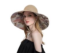 OhMill Chapeau de soleil à large bord ouvert pour femme - Motif feuilles imprimées - Protection UV - Chapeau de plage, kaki, Taille unique