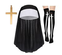 OhMill Déguisement de Nonne Kit de Religieuse Lot de 3 pcs Coiffe de Nonne Bas Croix Costume de Carnaval Halloween Cosplay Fête pour Adultes Taille Unique