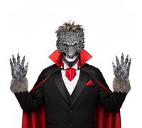 OhMill Ensembles Masque de Loup Argenté et Gants à griffes de Loups Masque de Loup-Garou Réaliste Gant Effrayant à Long Poils Halloween Accessoires de Déguisement Cosplay pour Mardi Gras Fête Pâque