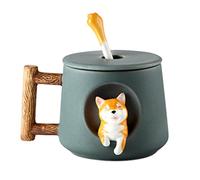 OhMill Tasse à Café en Porcelaine Fine Shiba Inu avec Cuillère et Couvercle - 420 ml - Cadeau Créatif Mignon