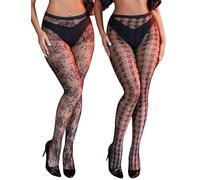 ohmydear 2 Pair Collants Résille Femme Sexy Noir Grande Taille Bas Resille Élastique Motif Floral Taille Haute Filets Chaussettes et Collants Fishnet Pantyhose pour rave, fête, Halloween