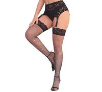 ohmydear Bas Autofixant Femme Sexy Grande Taille Noir: Dentelle Antidérapant Silicone Collant Résille Élastique Sous-Vêtement avec Strass Btillant pour Porte-Jarretelles Femme