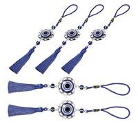 OHPHCALL Ornements de Voiture Suspendus Mauvais Œil Turc Pendentifs de Cœur Bleu et Pompons, Ensemble de 5 Pièces pour Décoration Intérieure et Protection