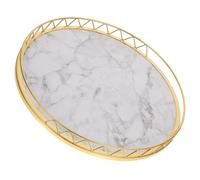 OHPHCALL Plateau de Service Usage Polyvalent Motif Marbre Rond en Bois et Métal Porte-Fruits Rond Élégant pour Déco Maison pour Plantes et Petit-déjeuner
