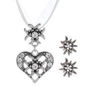 OHREN Lot de 3 Bijoux Traditionnels Bavarois - Collier Dirndl avec Pendentif Edelweiss et Cœur en Strass, Boucles d'Oreilles pour Femme - Accessoires pour Fête de la Bière et Tenue Dirndl (Blanc)