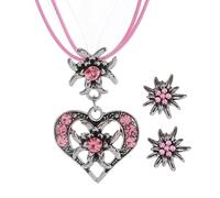 OHREN Lot de 3 Bijoux Traditionnels Bavarois Collier Edelweiss avec Strass et Pendentif Cœur + Boucles d'Oreilles Edelweiss pour Femme Accessoires Dirndl Oktoberfest (Rose)