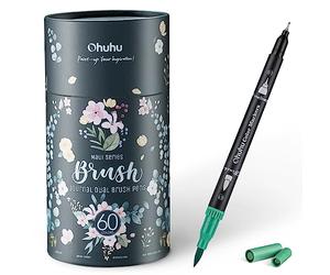 Ohuhu Feutre Coloriage Adulte, 60 Couleurs Aquarelle Stylos Feutres Double Pointe Fine et Pinceau pour Calligraphie Mandala Dessin Colorant, Maui - Boîte Noire