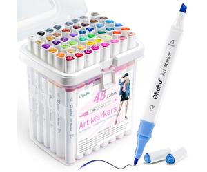 Ohuhu feutres alcool, 48 couleurs, feutre a alcool à double pointe fine et biseautée pour les débutants, les adultes, le coloriage, le dessin, le croquis, l'architecture, l'anime et le manga