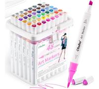 Ohuhu feutres alcool, 48 couleurs marqueurs à alcool à double pointe (biseau et pinceau) avec étui de rangement portable pour les débutants, les artistes, colorier des peintures et des illustrations