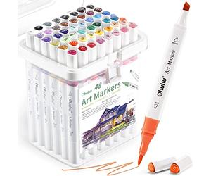 Ohuhu feutres alcool, 48 couleurs marqueurs à alcool à double pointe (biseau et pinceau) pour les débutants, les adultes, le coloriage, le dessin, le croquis, l'architecture, l'anime et le manga