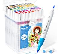 Ohuhu Lot de 64 Marqueurs à l'Eau Double Pointe (Pinceau & Fine), Marqueurs de Coloriage Adulte Sans Odeur & Non Toxiques - Pour Mangas, Lettrage, Journaling & Art