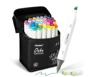 Ohuhu Marqueurs à Feutre Alcool, 40+1 couleursmarqueurs d'art à double pointe pour illustrations à colorier pour adultes, encre à base d'alcool, étui à marqueurs, burin et fin, série Oahu