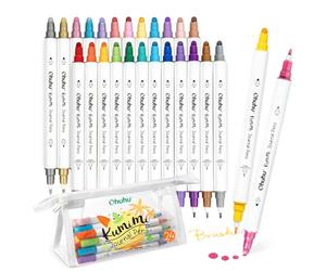 Ohuhu Stylos marqueurs à points, Dual Tip (pinceau calligraphique et pointe) Stylos à dessin à base d'eau 24 couleurs dont métallisé, pastel, couleurs primaires pour Journal, scrapbooking, coloriage