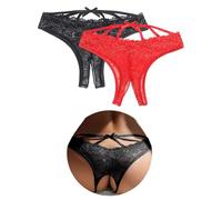 ohyeahlady Culotte Tanga Ouverte à l'entrejambe Femme Grande Taille Tanga Fendue Dentelle Coton String sans Couture Femme Invisible Lingerie Ouvert sous Vetements Feminin Underwear XXL,Noir+Rouge