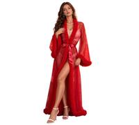 ohyeahlady Kimono Sexy Femme Long Maille Trasparente Queen Robe Perspective Lingerie de Nuit Sheer Nuisette avec Plumes Ceinture Grande Taille