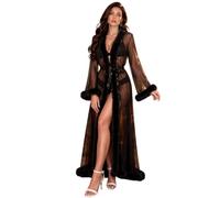 ohyeahlady Kimono Sexy Femme Long Maille Trasparente Queen Robe Perspective Lingerie de Nuit Sheer Nuisette avec Plumes Ceinture Grande Taille