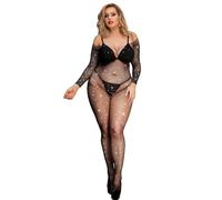ohyeahlady Lingerie en Résille avec Strass Bas de Lingerie Bodystocking Ouvert Entrejambe Fishnet Collants Grande Taille Tenue Body Combinaison Manches Longues Teddy Catsuit(Noir,3XL-5XL)
