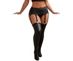 ohyeahlady Porte Jarretelle Femme Grande Taille Cuir PU Porte Jartelle Ensemble 6 Jarretelles Pour Bas Guepiere Dessous Tenu Hot Ensemble Sous Vetement (12 Pince Interchangeable) Noir+Bas,M
