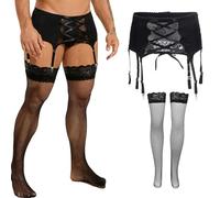 ohyeahlady Porte Jarretelle Homme Ensemble String Porte jarretelle Bas résille Autofixant Lingerie Dentelle Homme String Jockstrap Tenue Club Libertin Bretelles Large(M,Noir+Bas)