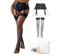 ohyeahlady Porte jartelle Femme Sexy Ensemble Collant Ronde Ensemble Porte Jarretelles Complet avec Bas Résille Ensemble Sexy Cuir Curvy Guêpière Lingerie hHot Grande Taille(Noir,XL)