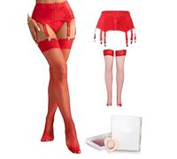 ohyeahlady Porte jartelle Femme Sexy Ensemble Collant Ronde Ensemble Porte Jarretelles Complet avec Bas Résille Ensemble Sexy Cuir Curvy Guêpière Lingerie hHot Grande Taille(Rouge,XL)