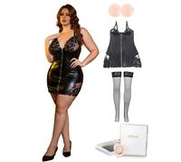 ohyeahlady Robe Femme Hot Cuir PU Grande Taille Bas Resille Autofixant Ensemble Lingerie Mini Robe Courte Lingerie Cosplay avec Cache Tétons Noir+Bas,L