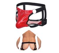 ohyeahlady String Jock Strap Homme Ouvert Cuir Verni +Maille Grande Taille Jockstrap Homme Boxer String Sexy Hot Cuir Slip Chic Poche Tanga Tenue Hot Mankini sous Vetement Wetlook M,Rouge