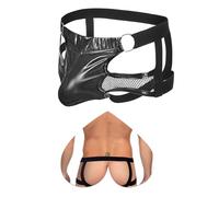 ohyeahlady String Jock Strap Homme Ouvert Cuir Verni +Maille Grande Taille Jockstrap Homme Large Ceinture Boxer String Sexy Hot Cuir Slip Chic Poche Tanga Tenue Hot Mankini sous Vetement Wetlook