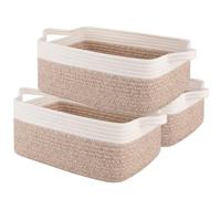 OIAHOMY Lot de 3 paniers de rangement rectangulaires en corde de coton tissée pour étagères, placards avec poignées, 35 x 25 x 14 cm, marron et blanc