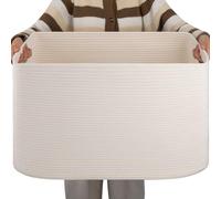 OIAHOMY Panier rectangulaire en coton tissé avec poignée pour couverture, vêtements sales, salon, chambre d'enfant, chambre à coucher, rangement des jouets avec poignée, 61 x 40,6 x 38,1 cm, blanc, 96