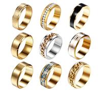 OIDEA Bague Homme Acier Inoxydable : 9 PCS Bagues Ensemble Argent/Or/Noir Surface Rotatif avec Zircon Cubique pour Biker Motard Style Simple - Cadeau Homme Anniveraire Fête des pères