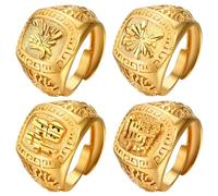 OIDEA Bagues Chevalière Homme Réglables: Ensemble de 3 à 4 Bagues en Cuivre Plaqué Or avec Motifs Kanji,Riche Fortuna Richesse Doré Plaqué Bague,l'or Bénissent-4pcs Or