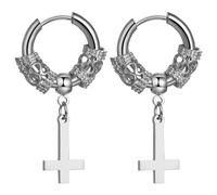 OIDEA Boucles d'oreilles Unisexes Croix Inversée en Acier Inoxydable - Boucles d'oreilles Rondes avec Pendentif Croix Satanique - Cadeau pour la Saint-Valentin et Noël-Argent